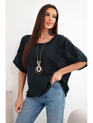 Dámska bavlnená blúzka oversize s krátkymi rukávmi čierna