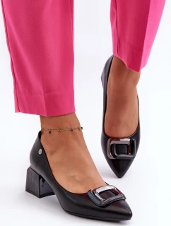 Czółenka Na Obcasie Klocku Z Ozdobą Eko Skórzane Czarne Sarala