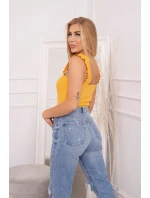 Blúzka bez ramienok s volánikmi v horčicovej farbe
