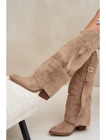 Dámske čižmy na podpätku so záhybmi a zlatou prackou, béžové, Caster Dámske čižmy na podpätku so záhybmi a zlatou prackou, béžové, Caster