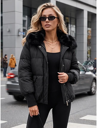 Dámska zimná prešívaná bunda s kožušinou, čierna, FashionStreet TY5815 Dámska zimná prešívaná bunda s kožušinou, čierna, FashionStreet TY5815