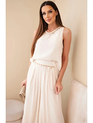 Dámska súprava z viskózy, top bez rukávov a široké nohavice s ozdobným lemovaním, béžová