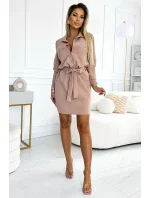 284-2 CAMILLE Košeľové šaty s vreckami a kravatou - BEACH