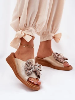 Klapki Damskie Na Koturnie Z Kokardą Złote Moonzella