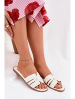 Klapki Damskie Na Płaskim Obcasie Z Wycięciami Eko Skórzane Białe Ecapus