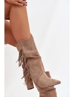 Dámské kotníkové boty na podpatku s třásněmi a stahováním vyhřívané béžové Darlina