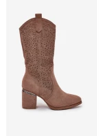 Ażurowe Kozaki Kowbojki Do Połowy Łydki S.Barski HY51-238 Brązowe