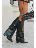 Kozaki Damskie Wsuwane Na Słupku Z Ozdobnym Paskiem Eko Skórzane Czarne Jolivine