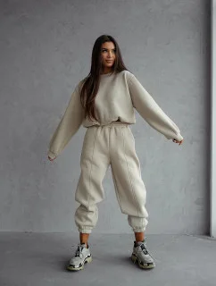 Dámska béžová bavlnená tepláková súprava s krátkou mikinou (82160)