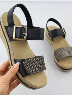 Dámske kožené sandále na podpätku so suchým zipsom čierne Rieker V0951