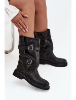 Marszczone Kozaki Damskie Do Połowy Łyski Z Paskami I Klamrami Czarne Halvessa