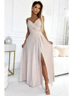 299-15 CHIARA elegantné dlhé maxi šaty bez ramienok - béžové s brokátom 299-15 CHIARA elegantné dlhé maxi šaty bez ramienok - béžové s brokátom