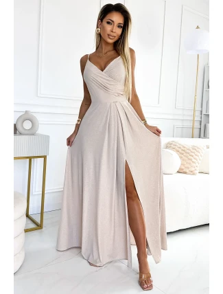 299-15 CHIARA elegantné dlhé maxi šaty bez ramienok - béžové s brokátom 299-15 CHIARA elegantné dlhé maxi šaty bez ramienok - béžové s brokátom