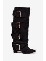 Kozaki Damskie Na Słupku Z Wywiniętą Cholewką I Złotymi Klamrami Eko Zamszowe Czarne Isavelle