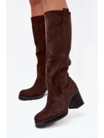 Kozaki Damskie Ocieplane Na Masywnym Słupku Czekoladowe Sanelle