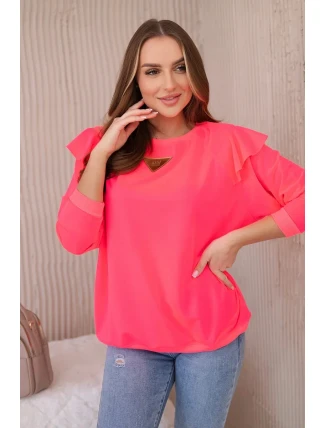 Bavlnená blúzka s volánikmi na ramenách Ružová neónová Bavlnená blúzka s volánikmi na ramenách Ružová neónová