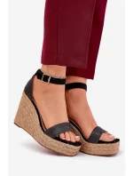 Sandały Damskie Na Koturnie Z Plecionką Czarne Adelio