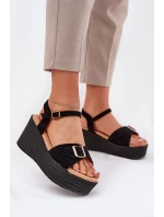 Sandały Damskie Na Koturnie Z Klamrą Czarne Liniella