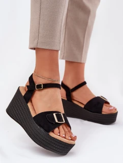 Sandały Damskie Na Koturnie Z Klamrą Czarne Liniella