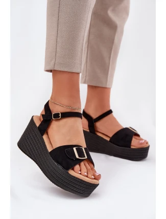 Sandały Damskie Na Koturnie Z Klamrą Czarne Liniella