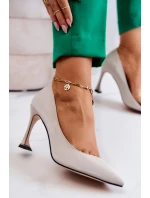 Modne Skórzane Szpilki Jasnoszare Tamira