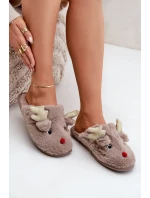 Kapcie Świąteczne Z Motywem Renifera Futrzane Ciemnobeżowe Asielle