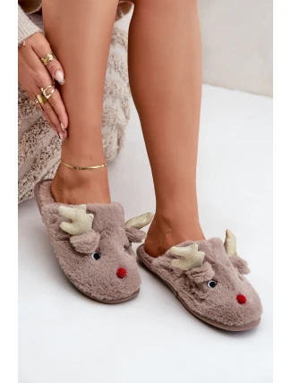 Kapcie Świąteczne Z Motywem Renifera Futrzane Ciemnobeżowe Asielle