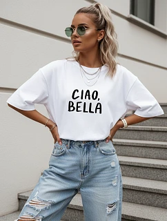 Dámske tričko oversize s potlačou „Ciao Bella“, biele, FashionStreet NX9002RY