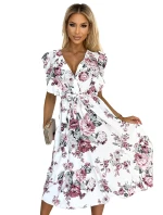 466-1 Šaty GABRIELLA s volánom, výstrihom a viazaním - BIELE S HRAJÚCIMI PINKAMI