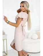 479-13 NINA elegantné šaty s obálkovým výstrihom, rukávmi a opaskom - béžové s trblietkami