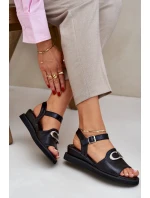 Lakierowane Sandały Damskie Na Koturnie Z Ozdobą Czarne Salianes