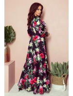 245-3 MAXI šaty s volánovým výstrihom - RED FLOWERS 245-3 MAXI šaty s volánovým výstrihom - RED FLOWERS