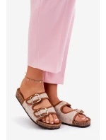 Materiałowe Klapki Damskie Na Korkowej Platformie Z Klamrami Camel Osoffe