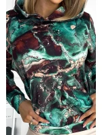 Dámska mikina s tyrkysovo-hnedým mramorovým vzorom as kapucňou 390-2 Dámska mikina s tyrkysovo-hnedým mramorovým vzorom as kapucňou 390-2