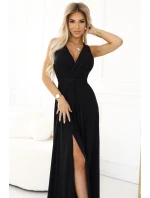 587-1 MONIQUE dlhé exkluzívne šaty s výstrihom a rozparkom na nohách - ČIERNE s trblietkami 587-1 MONIQUE dlhé exkluzívne šaty s výstrihom a rozparkom na nohách - ČIERNE s trblietkami