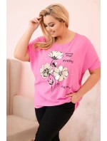 Dámska blúzka v nadmernej veľkosti z viskózy s kvetinovou potlačou a nápisom pink