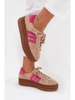 Sneakersy Damskie Na Platformie Z Naturalnego Zamszu Beżowo-Różowe Eldira
