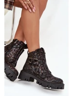 Skórzane Botki Damskie Z Ozdobą Ocieplane Artiker 57C2084 Czarno-Złote