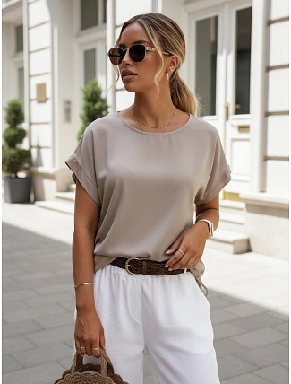 Dámska oversize blúzka z viskózy s krátkymi rukávmi v farbe mokka, FashionStreet RY2925 Dámska oversize blúzka z viskózy s krátkymi rukávmi v farbe mokka, FashionStreet RY2925
