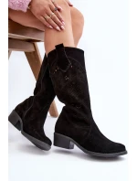 Zazoo 4043 Zamszowe Kozaki Na Niskim Obcasie Ażurowe Czarne