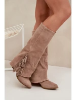 Wsuwane Kozaki Kowbojki Damskie Na Słupku Z Frędzlami Beżowe Zalia