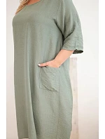 Dámske plus size viskózové šaty s vreckami a krátkymi rukávmi khaki