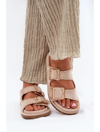 Klapki Damskie Z Klamrami I Ozdobnym Obszyciem Beżowe Visley