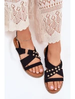 Sandały Damskie Na Płaskim Obcasie Ze Złotymi Ćwiekami Czarne Zanira