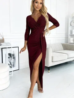 404-5 Dlhé trblietavé šaty s výstrihom a rozparkom na nohách - BROAD s trblietkami