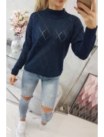 Sveter s polovičným rolákom a kosoštvorcovým vzorom tmavo modrý