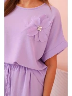 Dámsky viskózový set s ozdobným kvetom a širokými nohavicami - fuchsiová svetlofialová