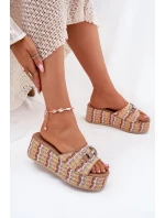 Klapki Damskie Na Koturnie Z Plecionką I Ozdobą Multikolor Isolene