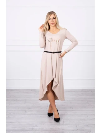 Šaty s ozdobným pásikom a nápisom beige