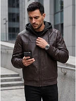 Pánska kožená zateplená bunda s kapucňou, tmavohnedá, FashionStreet TX5140